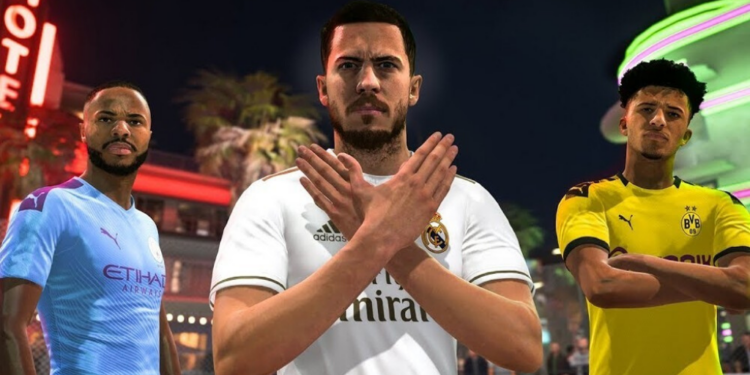 Hazard, Sterling e Sancho na última edição do FIFA 20 (Crédito: Divulgação EA)