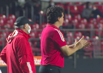 Fernando Diniz fica incomodado após marcação de pênalti contra o São Paulo (Crédito: Transmissão TV Globo)