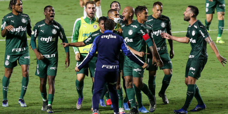 Jogadores do Palmeiras comemorando em campo junto do treinador Abel Ferreira (Crédito: GettyImages)