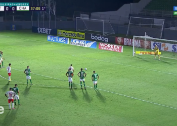Jogadores de Bragantino e Chapecoense na partida do Brasileirão (Crédito: Transmissão Premiere)