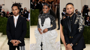 Lewis Hamilton, Simone Biles e Stephen Curry no Met Gala (Crédito: GettyImages)