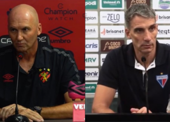 Dal Pozzo (técnico do Sport) e Vojvoda (técnico do Fortaleza) (Crédito: Reprodução/Youtube)
