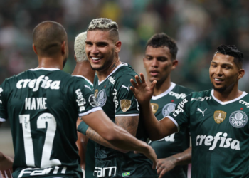 Palmeiras comemorando o gol na Libertadores diante do Petrolero (Crédito: Cesar Greco/Palmeiras/Flickr)