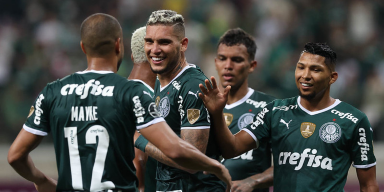 Palmeiras comemorando o gol na Libertadores diante do Petrolero (Crédito: Cesar Greco/Palmeiras/Flickr)