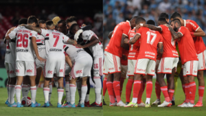 Elencos do São Paulo e do Internacional em campo (Crédito: Rubens Chiri/SaoPauloFC/Internacional/Flickr)