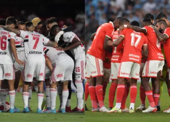 Elencos do São Paulo e do Internacional em campo (Crédito: Rubens Chiri/SaoPauloFC/Internacional/Flickr)