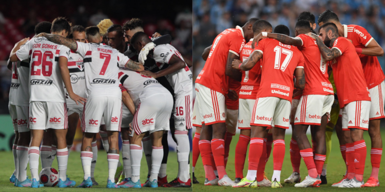 Elencos do São Paulo e do Internacional em campo (Crédito: Rubens Chiri/SaoPauloFC/Internacional/Flickr)