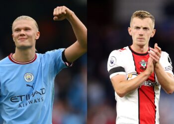 Haaland, do Manchester City, e Wrad-Prowse, do Southampton (Crédito: Michael Regan, Naomi Baker / Getty Images)