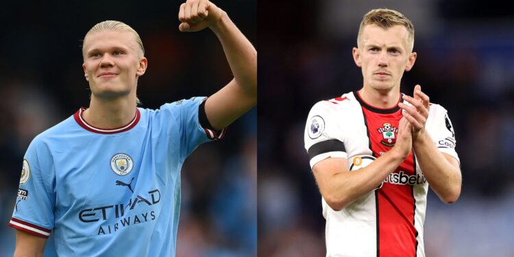 Haaland, do Manchester City, e Wrad-Prowse, do Southampton (Crédito: Michael Regan, Naomi Baker / Getty Images)