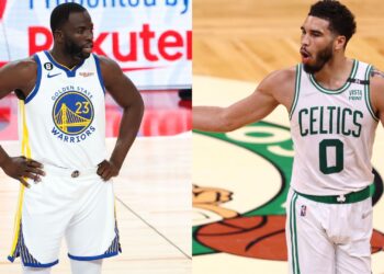 Draymond Green, do Warriors, e Jayson Tatum, do Celtics, na NBA (Crédito: Getty Images)