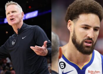 Steve Kerr, técnico do Warriors, e Klay Thompson, na NBA (Crédito: Getty Images)