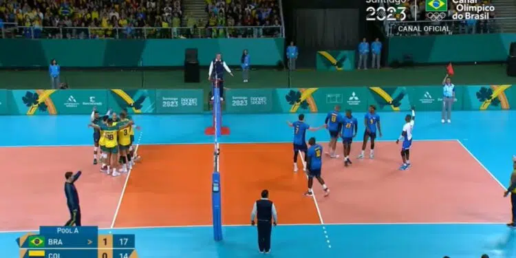 Pan 2023: Brasil vence Colômbia na estreia do vôlei masculino (Crédito: Transmissão/ Canal Olímpico do Brasil)