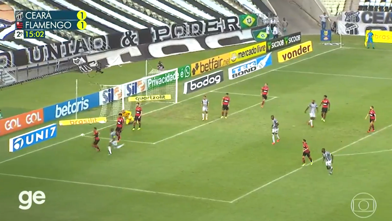 Jogadores de Ceará e Flamengo na partida do Brasileirão - Transmissão TV Globo