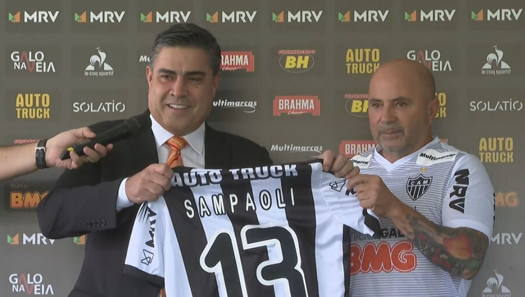 Sampaoli sendo apresentado pelo Atlético-MG - Transmissão TV Globo