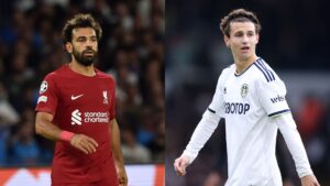 Mohamed Salah, do Liverpool, e Brenden Aaronson, do Leeds United - Giuseppe Bellini, George Wood / Getty Images
