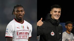 Rafael Leão, do Milan, e Benjamin Sesko, do Salzburg - Alessandro Sabattini, Jurij Kodrun / Getty Images