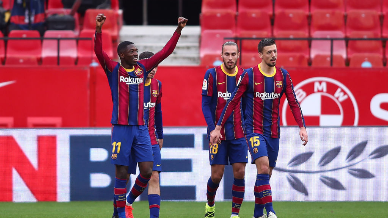 Dembélé comemorando o gol feito pelo Barcelona no Sevilla pela La Liga - GettyImages