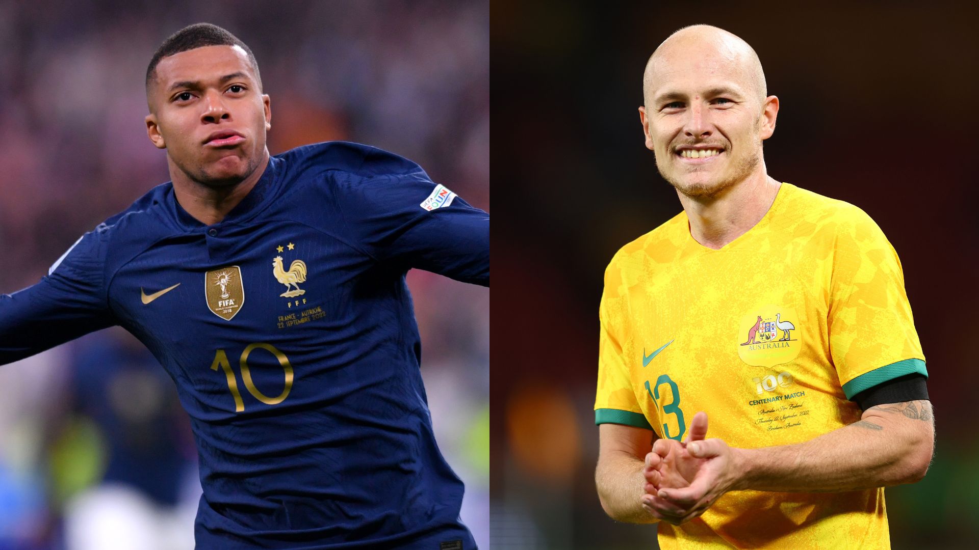 Kylian Mbappe, da França, e Aaron Mooy, da Austrália - Aurelien Meunier, Chris Hyde / Getty Images