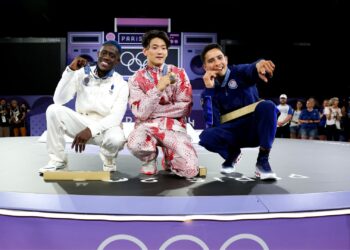 Pódio masculino de breaking na Olimpíada de Paris