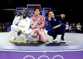 Pódio masculino de breaking na Olimpíada de Paris