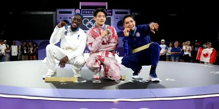 Pódio masculino de breaking na Olimpíada de Paris