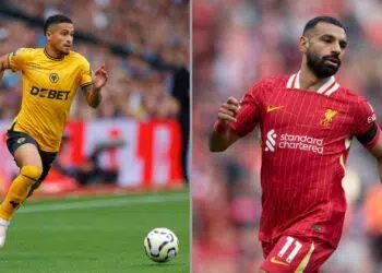 João Gomes, do Wolverhampton, à esquerda, e Mohammed Salah, do Liverpool, à direita