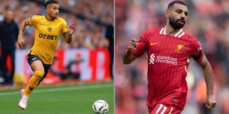 João Gomes, do Wolverhampton, à esquerda, e Mohammed Salah, do Liverpool, à direita