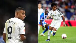 Kylian Mbappe, à esquerda, e Endrick, à direita, ambos centroavantes do Real Madrid