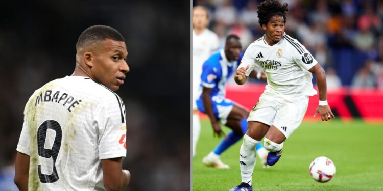 Kylian Mbappe, à esquerda, e Endrick, à direita, ambos centroavantes do Real Madrid