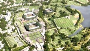 Vista áerea de Wimbledon Park, complexo de quadras de tênis e campos de golfe em Londres