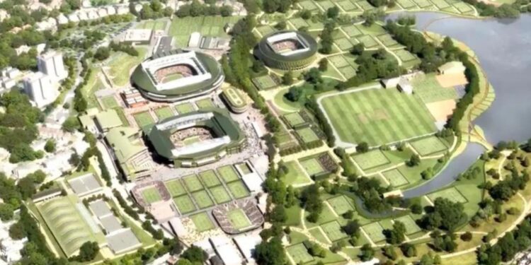 Vista áerea de Wimbledon Park, complexo de quadras de tênis e campos de golfe em Londres