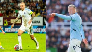 Vladimir Weiss Jr. (à esquerda), meio-campista do Slovan Bratislava, e Erling Haaland (à direita), centroavante do Manchester City