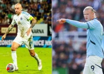 Vladimir Weiss Jr. (à esquerda), meio-campista do Slovan Bratislava, e Erling Haaland (à direita), centroavante do Manchester City