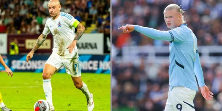 Vladimir Weiss Jr. (à esquerda), meio-campista do Slovan Bratislava, e Erling Haaland (à direita), centroavante do Manchester City