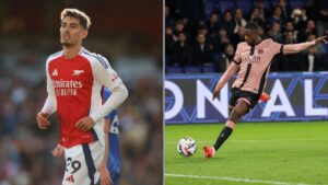 Kai Havertz, atacante do Arsenal, na imagem à esquerda, e Ousmane Dembele, atacante do PSG, na imagem à direita