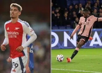 Kai Havertz, atacante do Arsenal, na imagem à esquerda, e Ousmane Dembele, atacante do PSG, na imagem à direita