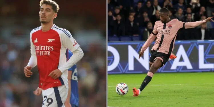 Kai Havertz, atacante do Arsenal, na imagem à esquerda, e Ousmane Dembele, atacante do PSG, na imagem à direita