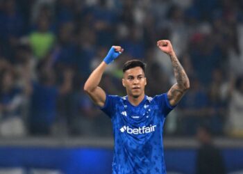 Kaio Jorge, atacante do Cruzeiro, comemora o gol marcado contra o Libertad, pela Sul-Americana