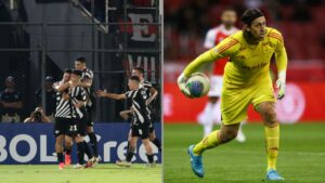 Jogadores do Libertad, à esquerda, comemoram gol contra o River Plate. À direita, o goleiro Cássio, do Cruzeiro