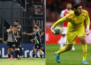 Jogadores do Libertad, à esquerda, comemoram gol contra o River Plate. À direita, o goleiro Cássio, do Cruzeiro
