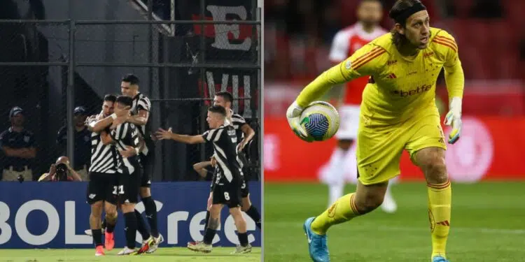 Jogadores do Libertad, à esquerda, comemoram gol contra o River Plate. À direita, o goleiro Cássio, do Cruzeiro