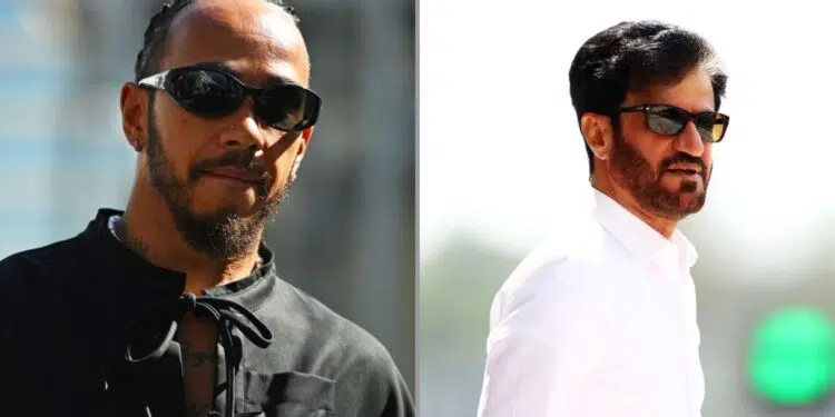 Lewis Hamilton, à esquerda, e Mohammed Ben Sulayem, à direita