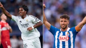 Atacante do Real Madrid, Endrick, à esquerda, e Javi Puado, do Espanyol, à direita