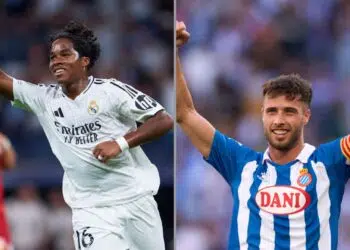 Atacante do Real Madrid, Endrick, à esquerda, e Javi Puado, do Espanyol, à direita