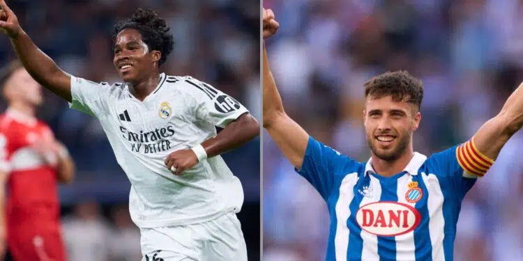 Atacante do Real Madrid, Endrick, à esquerda, e Javi Puado, do Espanyol, à direita