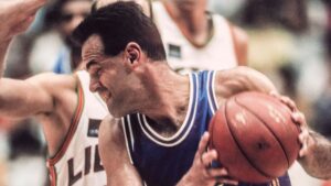 Oscar Schimdt em partida contra a Lituânia pelo torneio de basquete da Olimpíada de Barcelona 1992
