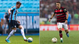 Walter Kannemann (à esquerda), zagueiro do Grêmio, e Léo Ortiz (à direita), volante do Flamengo
