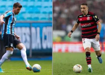 Walter Kannemann (à esquerda), zagueiro do Grêmio, e Léo Ortiz (à direita), volante do Flamengo