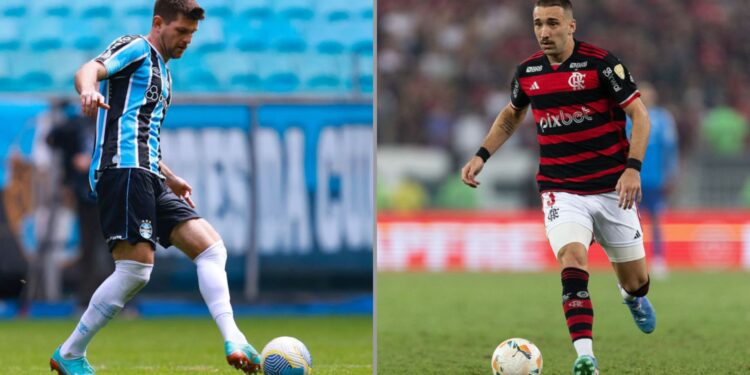 Walter Kannemann (à esquerda), zagueiro do Grêmio, e Léo Ortiz (à direita), volante do Flamengo