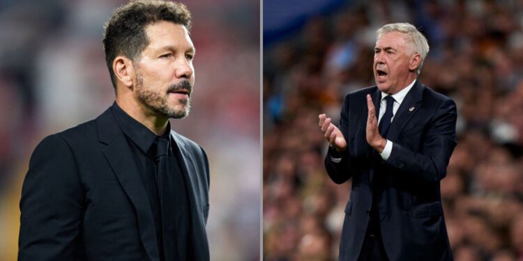 Diego Simeone (à esquerda), treinador do Atlético de Madrid, e Carlo Ancelotti (à direita), técnico do Real Madrid